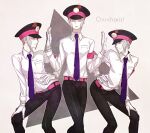  3boys armband black_headwear chirigami_(tec) gloves grey_background grey_eyes grey_hair hand_on_own_hip hand_on_own_thigh hat high_collar ingo_(pokemon) long_sleeves looking_at_viewer looking_to_the_side male_focus multiple_boys multiple_persona necktie pale_skin pants parted_lips peaked_cap pokemon pokemon_bw purple_necktie shirt sideburns simple_background smile white_gloves white_shirt 