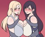  2girls bare_shoulders bdsm blonde_hair blush bondage bound breasts brown_hair collarbone final_fantasy highres jam-orbital large_breasts long_hair looking_at_viewer multiple_girls naruto naruto_(series) sweatdrop tape tifa_lockhart unfinished 