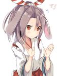  amano_kouki animal_ears blush brown_eyes bunny_ears bunny_tail flying_sweatdrops hachimaki hair_between_eyes headband high_ponytail highres japanese_clothes kantai_collection light_brown_hair long_hair looking_at_viewer ponytail simple_background solo tail upper_body white_background wide_sleeves zuihou_(kantai_collection) 