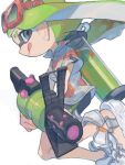  .52_gal_(splatoon) 1boy :p aqua_eyes bike_shorts commentary eyewear_on_head from_side full_body green_hair gun hawaiian_shirt holding holding_gun holding_weapon ink_tank_(splatoon) inkling inkling_boy long_hair muginoomoti shirt splatoon_(series) splatoon_3 sunglasses symbol-only_commentary tentacle_hair tongue tongue_out weapon white_background white_footwear 