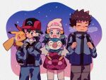  1girl 2boys animal_hug animal_on_shoulder ash_ketchum backpack bag baseball_cap beanie belt black_bag black_gloves black_pants black_vest blue_eyes blue_hair blue_jacket blue_pants blush_stickers breath brock_(pokemon) brown_eyes brown_hair clenched_hand closed_eyes coat cold commentary dawn_(pokemon) fingerless_gloves gloves hair_ornament hand_up hands_up happy hat highres jacket looking_at_another looking_at_viewer medium_hair mgomurainu multiple_boys on_shoulder one_eye_closed open_mouth outdoors pants pikachu pink_coat piplup pokemon pokemon_(anime) pokemon_(creature) pokemon_dppt_(anime) pokemon_on_shoulder red_headwear scarf short_hair smile snowing spiked_hair standing symbol-only_commentary thighhighs twilight upper_body vest white_headwear white_scarf white_thighhighs winter 