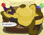 belly birthday canid canine canis domestic_dog felloweirdo fur german_shepherd herding_dog hi_res invalid_tag mammal organs overweight pastoral_dog soft_belly stomach vore yellow_body yellow_fur