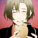  blush eyes_closed gourd green_hair happy japanese_clothes komae0611 male_focus sake short_hair smile solo 