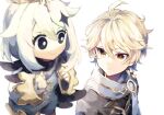  1boy 1girl aether_(genshin_impact) ahoge blonde_hair capelet dress floating genshin_impact hair_between_eyes halo looking_at_another paimon_(genshin_impact) simple_background takahasink upper_body white_background white_dress white_hair yellow_eyes 