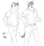 2021 anthro black_hair cettus clothed clothing dialogue domestic_cat dress_shirt duo felid feline felis fully_clothed hair hand_on_belt hands_in_both_pockets male mammal natan_osorio_suarez shirt sketch tail topwear walking