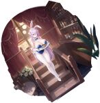  1girl alcohol animal_ears aqua_eyes artist_request azur_lane ballet_slippers bar_(place) bare_shoulders blue_bow blue_bowtie blue_leotard blush bottle bow bowtie braid breasts breasts_on_tray cleavage closed_mouth collar collarbone cup detached_collar drinking_glass fake_animal_ears flower food frilled_leotard frills full_body gloves hair_behind_ear hair_ornament hair_over_one_eye highleg highleg_leotard highres holding holding_plate holding_tray huge_breasts indoors leotard long_hair looking_at_viewer louisville_(an_order_of_dreams)_(azur_lane) louisville_(azur_lane) official_alternate_costume one_eye_covered pantyhose plate playboy_bunny purple_hair rabbit_ears reflection reflective_surface shoes stairs standing strapless strapless_leotard tray very_long_hair white_flower white_footwear white_gloves white_pantyhose 