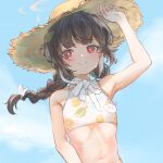  1girl armpits bare_arms bare_shoulders bikini black_hair blue_archive blush braid closed_mouth flat_chest grey_halo halo hat highres leaf leaf_on_head leaf_print long_hair looking_at_viewer marulire miyu_(blue_archive) miyu_(swimsuit)_(blue_archive) navel official_alternate_costume print_bikini red_eyes smile solo straw_hat swimsuit twin_braids upper_body white_bikini yellow_headwear 