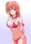  1girl arms_behind_back bikini blush breasts cleavage closed_mouth collarbone commentary_request hair_bun highres konoyan large_breasts looking_at_viewer navel red_bikini red_eyes red_hair short_hair single_side_bun smile solo swimsuit yahari_ore_no_seishun_lovecome_wa_machigatteiru. yuigahama_yui 
