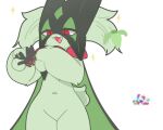 2023 3_fingers 5:4 anthro biped cape clothing colored cute_fangs digital_media_(artwork) eyelashes fangs featureless_crotch felid feline female fingers front_view fur gachapon generation_7_pokemon generation_9_pokemon green_body green_ears green_fur green_tail half-length_portrait happy holding_object kemono litten lok_cat mammal meowscarada monotone_body monotone_ears monotone_fur monotone_tail navel nintendo nude open_mouth open_smile paws pink_nose pink_tongue pokemon pokemon_(species) portrait pupils red_eyes scut_tail short_tail simple_background slit_pupils smile solo sparkles standing tail teeth tongue toy white_background