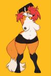 absurd_res anthro belly big_(disambiguation) bottomwear breasts butt canid canine cartoon clothing female fluffy fox furry hair hi_res invalid_tag mammal mekmarchu nipples nude overweight paws peppertoasty pose red red_hair sex shirt shorts sketch slightly_chubby solo thick_thighs thighs toony topwear yoga