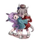  2girls animal_ears blue_bow bow brown_headwear ear_bow ear_ribbon from_behind gold_ship_(umamusume) green_ribbon grey_hair highres horse_ears horse_girl horse_tail long_hair looking_at_another mejiro_mcqueen_(umamusume) multiple_girls pillbox_hat purple_eyes purple_hair ribbon shoes simple_background smock socks sparkle swept_bangs tail tail_through_clothes umamusume umamusume:_peace_peace_cepea_cepea_golshi-chan uwabaki white_background white_footwear white_socks 