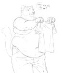 2022 anthro belly belly_overhang big_belly bottomwear cettus clothed clothing cougar english_text felid feline front_view hi_res holding_clothing holding_object holding_shirt holding_topwear male mammal moobs navel nipples obese obese_anthro obese_male overweight overweight_anthro overweight_male pants shirt sketch small_clothing solo tail text thought_bubble topless topwear