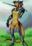 anthro armor armor_plates armored_boots armored_gloves belly_scales bottomless bottomless_anthro bottomless_female breasts brown_markings casual_nudity clothed clothing digital_media_(artwork) dragon dragon_tail ear_fins female fin genitals hair headgear helmet horn lizard llyana_(sealer4258) looking_at_viewer markings melee_weapon nipples non-mammal_breasts nude orange_body pussy red_hair reptile scales scalie sealer4258 shoulder_pads small_breasts smile solo sword sword_over_shoulder tail unconvincing_armor warrior weapon yellow_body yellow_scales