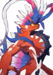  animal_focus blue_hair claws colored_sclera colored_skin fangs hi_x00 highres koraidon multicolored_hair muscular no_humans orange_eyes pink_hair pokemon pokemon_(creature) red_skin skin_fangs slit_pupils solo white_hair yellow_sclera 