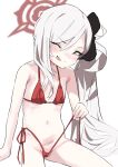  1girl bikini blue_archive blush halo highres long_hair mbrito019 mesugaki mutsuki_(blue_archive) navel one_eye_closed pointy_ears purple_eyes red_bikini red_halo side-tie_bikini_bottom side_ponytail swimsuit tongue tongue_out very_long_hair white_background white_hair 