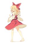  1girl absurdres bare_shoulders barefoot blonde_hair blush bow braid collar commentary cosplay detached_sleeves double-parted_bangs embarrassed fang frilled_shirt_collar frilled_skirt frills from_behind full_body furrowed_brow hair_between_eyes hair_bow hair_intakes hakurei_reimu hakurei_reimu_(cosplay) hand_up highres huge_bow japanese_clothes kirisame_marisa long_hair long_sleeves looking_at_viewer looking_back miko open_mouth red_bow red_ribbon red_skirt red_vest ribbon ribbon-trimmed_sleeves ribbon_trim seika_okawari simple_background single_braid skirt solo standing touhou tsurime vest wavy_hair white_background white_collar white_eyes white_sleeves wide-eyed wide_sleeves 