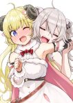  2girls =_= @-you_(you_2023_8_16) ahoge animal_ears armpits bare_shoulders belt_pouch blonde_hair blush bow bowtie breasts brooch cape clenched_hand commentary_request detached_sleeves dress empire_waist fangs full-face_blush fur-trimmed_dress fur-trimmed_sleeves fur_trim grabbing_another&#039;s_arm grey_hair hair_ornament hairclip highres hololive horns imminent_bite jewelry large_breasts long_hair multiple_girls one_eye_closed pink_cape pouch purple_eyes red_bow red_bowtie ribbed_sleeves ringed_eyes sheep_ears sheep_girl sheep_horns shishiro_botan simple_background tsunomaki_watame tsunomaki_watame_(1st_costume) underbust very_long_hair virtual_youtuber white_background white_dress you_gonna_get_eaten yuri 