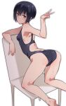  1girl ass black_hair blue_one-piece_swimsuit blush breasts cameltoe closed_mouth em_(totsuzen_no_hakike) green_eyes looking_at_viewer on_chair one-piece_swimsuit original short_hair small_breasts smile solo swimsuit v 