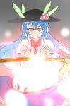  &gt;:) blue_hair bow bowtie danmaku dress floating food food_on_head fruit fruit_on_head hat hinanawi_tenshi king_(ougon_kingyo-bachi) layered_dress long_hair looking_at_viewer object_on_head palms peach reaching_out red_eyes sketch smile solo sword_of_hisou touhou v-shaped_eyebrows very_long_hair 