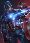  aqua_eyes brown_gloves captain_america captain_america_civil_war dutch_angle embers fingerless_gloves gloves helmet iron_man lens_flare male_focus marvel multiple_boys power_armor shield shingo_(picturepuzzle) star steve_rogers superhero 