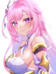  1girl bare_shoulders breasts cleavage commentary_request elysia_(honkai_impact) hair_ornament highres honkai_(series) honkai_impact_3rd long_hair looking_at_viewer medium_breasts pink_hair purple_eyes runokan simple_background smile solo upper_body very_long_hair white_background 