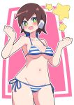  1girl absurdres aile_(mega_man_zx) bikini blue_bikini breasts brown_hair buzzlyears collarbone green_eyes highres looking_at_viewer medium_breasts mega_man_(series) mega_man_zx multicolored_bikini multicolored_clothes navel short_hair solo striped striped_bikini swimsuit white_bikini 