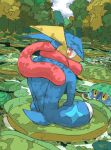  animal_focus aomon_(yuuji7604) blue_skin cloud colored_skin commentary_request evolutionary_line forest froakie frog from_behind greninja highres lily_pad looking_back nature no_humans pokemon pokemon_(creature) pond red_eyes sitting tree water yellow_eyes 