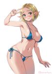 bikini blonde_hair blush breasts clothing elf female gesture green_eyes hair humanoid humanoid_pointy_ears hylian light_body light_skin monbetsu_kuniharu navel nintendo not_furry open_mouth princess_zelda signature simple_background solo swimwear the_legend_of_zelda v_sign