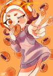  1girl absurdres ass ass_peek commentary_request eating eyelashes feet_out_of_frame food grey_shirt highres holding holding_food octoling octoling_girl one_eye_closed orange_background payayo884 red_eyes red_hair shirt short_hair signature solo splatoon_(series) splatoon_3 tentacle_hair thick_eyebrows v 
