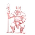 3000vnd anthro bottomwear canid canine canis clothing domestic_dog holding_object holding_weapon jewelry loincloth male mammal muscular muscular_male necklace nipples pubes smile smiling_at_viewer solo tribal tribal_clothing tribal_jewelry tribal_necklace underwear weapon