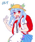  :d absurdres backpack bag blue_hair blush dress fangs food food_on_head fruit fruit_on_head hat highres hinanawi_tenshi kindergarten_uniform king_(ougon_kingyo-bachi) leaf long_hair looking_at_viewer object_on_head open_mouth peach quad_tails red_eyes school_hat sketch smile solo touhou yellow_hat younger 