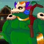 anthro bone cane gold_(metal) gold_jewelry green_body jewelry lihzahrd low_res male mask reptile scalie skull skull_head skull_mask slightly_chubby smile smiling_at_viewer solo terraria witch_doctor_(terraria)