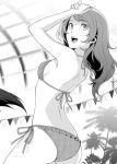  alternate_hairstyle arms_up ass bad_source bikini breasts copyright_request greyscale hair_down kujikawa_rise looking_back monochrome polka_dot polka_dot_bikini side-tie_bikini_bottom sideboob swimsuit 