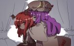  2girls :/ =_= backlighting bat_wings black_skirt black_vest black_wings blush bow capelet chibi commentary_request crescent crescent_hat_ornament curtains dot_nose dress hair_between_eyes hand_on_another&#039;s_shoulder hands_on_lap hat hat_bow hat_ornament head_wings koakuma leaning_forward long_hair mob_cap multiple_girls nasimura patchouli_knowledge purple_hair red_eyes red_hair sidelocks sitting skirt skirt_set striped striped_dress touhou v_arms vertical-striped_dress vertical_stripes vest wide_sleeves window wings 
