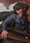  1girl absurdres belt binoculars black_coat blue_sweater brown_belt brown_hair brown_headwear brown_pants coat coat_on_shoulders goggles gun highres holding holding_gun holding_weapon long_hair military original pants rifle rifleman1130 sniper_rifle solo sweater weapon 