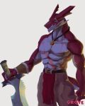 2_horns abs anthro arm_scar armband biceps bottomwear brown_bottomwear brown_clothing brown_pants chest_scar clothing dragon facial_scar green_eyes grove_(game) hi_res horn jaler_(regalbuster) male melee_weapon membrane_(anatomy) muscular muscular_anthro muscular_arms nipples non-mammal_nipples pants red_body red_clothing red_horn red_scales regalbuster scales scalie scar solo sword tabard tail triceps weapon webbed_hands white_body white_scales wingless_dragon