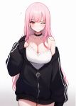  1girl bare_shoulders black_choker black_hoodie blush breasts choker cleavage highres hololive hololive_english hood hood_down hoodie koahri large_breasts long_hair looking_at_viewer mori_calliope one_eye_closed pink_eyes pink_hair simple_background solo strap virtual_youtuber white_background zipper 