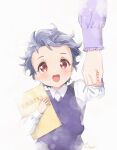  1boy 1girl aged_down artist_name blue_vest blush book child collared_shirt dated grey_hair happy holding holding_book holding_hands krudears long_sleeves mother_and_son open_mouth purple_sleeves red_eyes sheet_music shirt shitara_seiji short_hair smile sweater_vest tokimeki_memorial tokimeki_memorial_girl&#039;s_side_3rd_story vest white_background white_shirt 