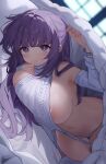  1girl :t areola_slip arm_up bed_sheet blurry blurry_background blush bracelet breasts closed_mouth commentary_request fern_(sousou_no_frieren) highres jewelry large_breasts long_hair looking_at_viewer meme_attire nahaki panties pout purple_eyes purple_hair solo sousou_no_frieren sweat under_covers underwear very_long_hair virgin_destroyer_sweater white_panties window 
