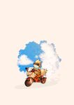  animal_focus bicycle blue_scarf blue_sky cloud commentary growlithe highres motor_vehicle motorcycle no_humans orange_fur pokemon pokemon_(creature) riding riding_bicycle scarf simple_background sky solo sunglasses symbol-only_commentary tail white_background zozozoshion 
