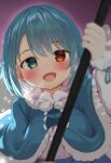  1girl blue_capelet blue_eyes blush capelet commentary_request heterochromia holding holding_umbrella looking_at_viewer open_mouth piyodesu purple_umbrella red_eyes solo tatara_kogasa touhou umbrella upper_body wild_and_horned_hermit 