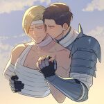  2boys armor bandaged_arm bandaged_chest bandaged_head bandaged_neck bandages black_hair blonde_hair closed_eyes closed_mouth collarbone couple cropped_torso dion_lesage final_fantasy final_fantasy_xvi hand_on_another&#039;s_chest hasuha_makoto holding_hands kiss kissing_neck light_smile male_focus multiple_boys shirt short_hair shoulder_armor swept_bangs terrence_(ff16) topless_male white_shirt yaoi 