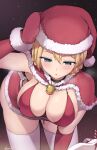  1girl bell bent_over bikini black_choker blonde_hair blue_eyes blush breasts candy candy_cane choker darjeeling_(girls_und_panzer) food fur-trimmed_headwear fur_trim girls_und_panzer glint hand_on_headwear hat highres jingle_bell kasai_shin large_breasts light_particles neck_bell parted_lips red_headwear sack santa_bikini santa_hat solo swimsuit thighhighs white_thighhighs 