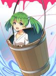  bucket collarbone flat_chest green_eyes green_hair hair_bobbles hair_ornament halftone halftone_background highres in_bucket in_container japanese_clothes kimono kisume long_hair long_sleeves looking_at_viewer ninnzinn short_hair solo splashing tareme touhou upper_body water wooden_bucket 