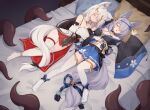  2girls animal_ear_fluff animal_ears black_sleeves blue_dress breasts closed_eyes commentary detached_sleeves dress english_commentary fox_ears fox_girl grey_hair highres large_breasts long_hair lying multiple_girls no_shoes on_back on_bed open_mouth original pillow red_dress tentacles thighhighs trimbil variant_set white_sleeves white_thighhighs 