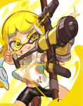  1girl bike_shorts blonde_hair bow_(weapon) commentary_request highres holding holding_bow_(weapon) holding_weapon inkling inkling_girl long_hair navel paint shirt smile solo sparkle splatoon_(series) splatoon_3 takiitoon teeth tentacle_hair torn_clothes torn_shirt tri-stringer_(splatoon) weapon white_background white_shirt yellow_eyes 