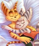 &lt;3 absurd_res bed bedroom breasts butt clothed clothing cute_expression ear_piercing ear_ring embrace female fluffy fluffy_tail fur furniture hi_res hug insomniac_games lombax love luchosfactory male male/female mammal piercing pillow ratchet ratchet_and_clank ring_piercing rivet_(ratchet_and_clank) romantic romantic_ambiance romantic_couple sleeping sleeping_together smile smiling_at_partner sony_corporation sony_interactive_entertainment tail white_body white_fur yellow_body yellow_fur