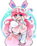 absurd_res anthro big_breasts blep breast_squish breasts cleavage clothed clothing curvy_figure cute_expression eeveelution generation_6_pokemon girly hair haokan hi_res hoodie horn hybrid legwear leotard looking_at_viewer male nekonin nintendo pink_hair pokemon pokemon_(species) smile solo squish stockings sylveon tongue tongue_out topwear unicorn_horn wide_hips wings