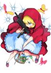  basket blonde_hair blue_eyes bottle bow bowtie bug bulleta dress explosive grenade gun highres holding holding_basket holding_gun holding_knife holding_weapon knife little_red_riding_hood minokichi_(arufooto25) red_dress vampire_(game) weapon white_background wine_bottle 