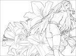  1girl arms_behind_back belt border bouquet cross cross_earrings earrings flower hairband holding holding_bouquet holding_flower jewelry kneehighs leaning_back lineart long_hair monochrome necktie original parted_lips saventer1 shirt shorts smile socks solo standing 